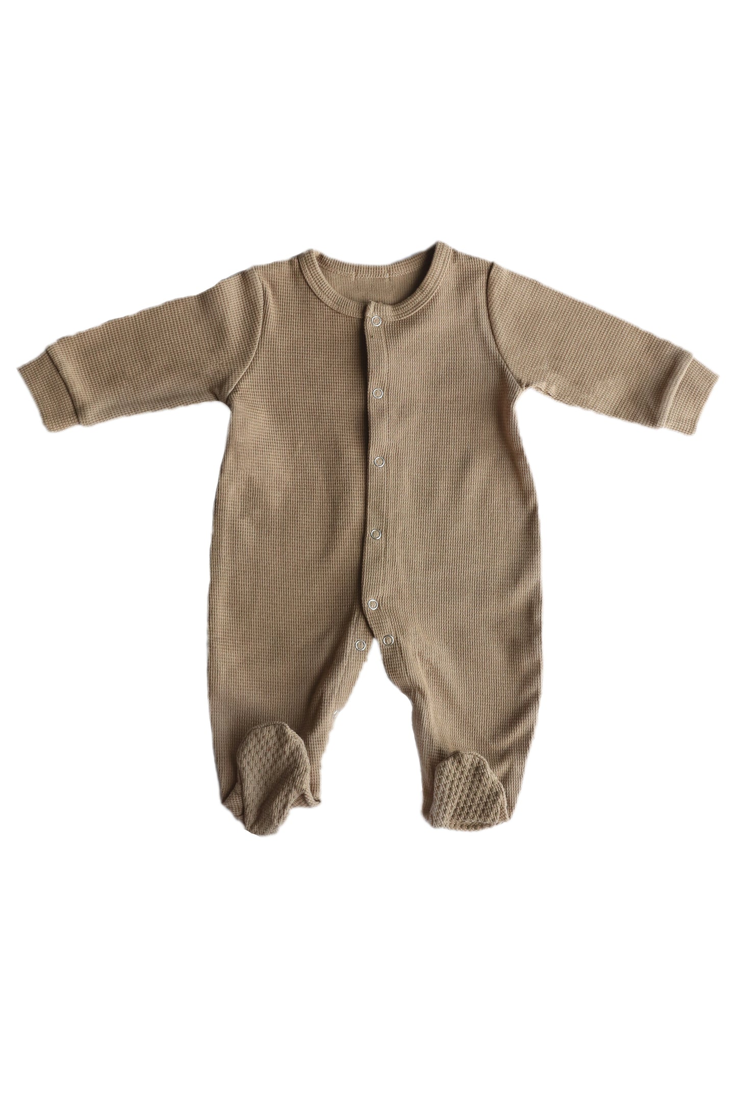 Gift shopping for infant essentials or creating a baby registry, you have found the best neutral tone unisex 100% cotton waffle sleepsuit onesie.
