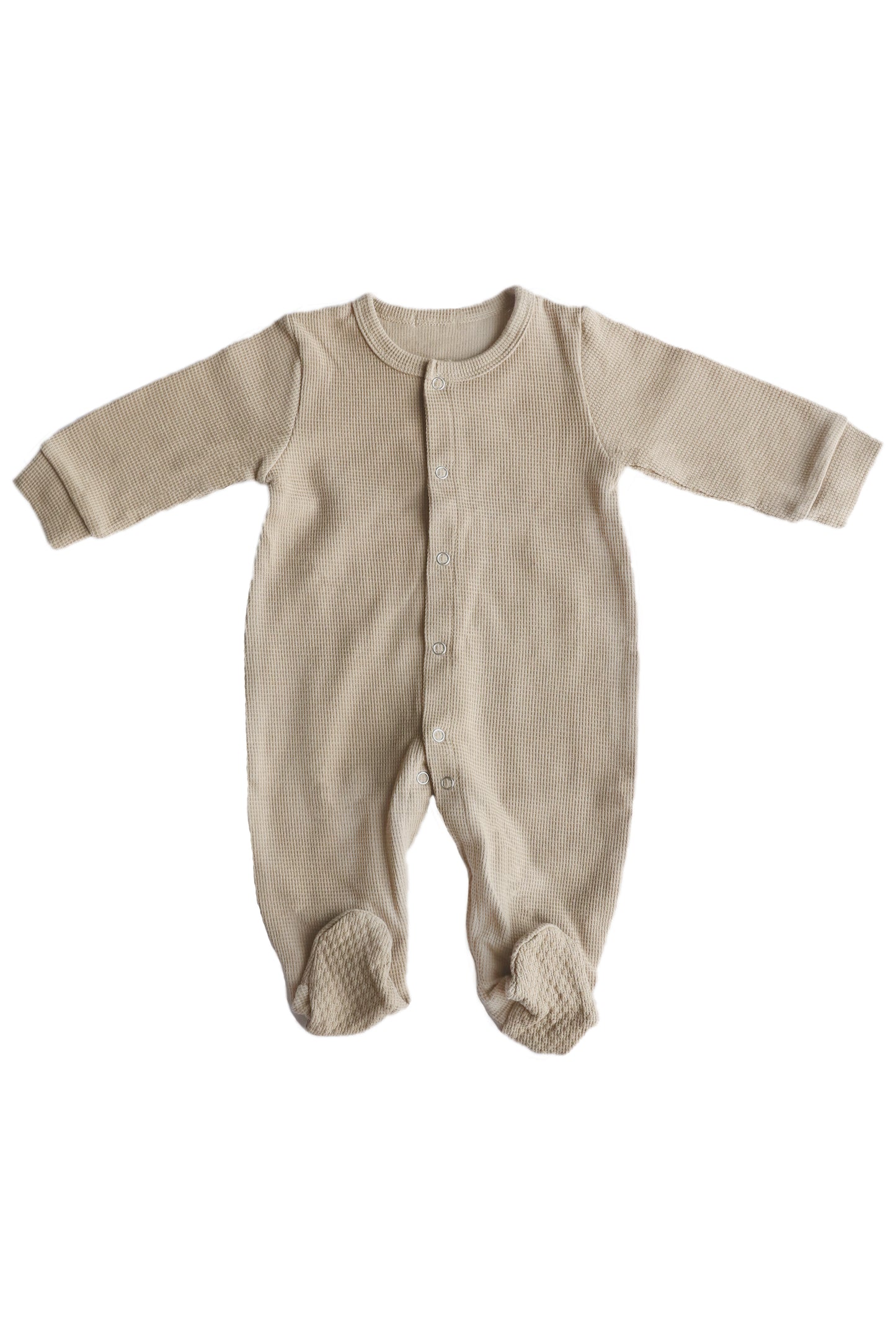 Gift shopping for infant essentials or creating a baby registry, you have found the best neutral tone unisex 100% cotton waffle sleepsuit onesie.