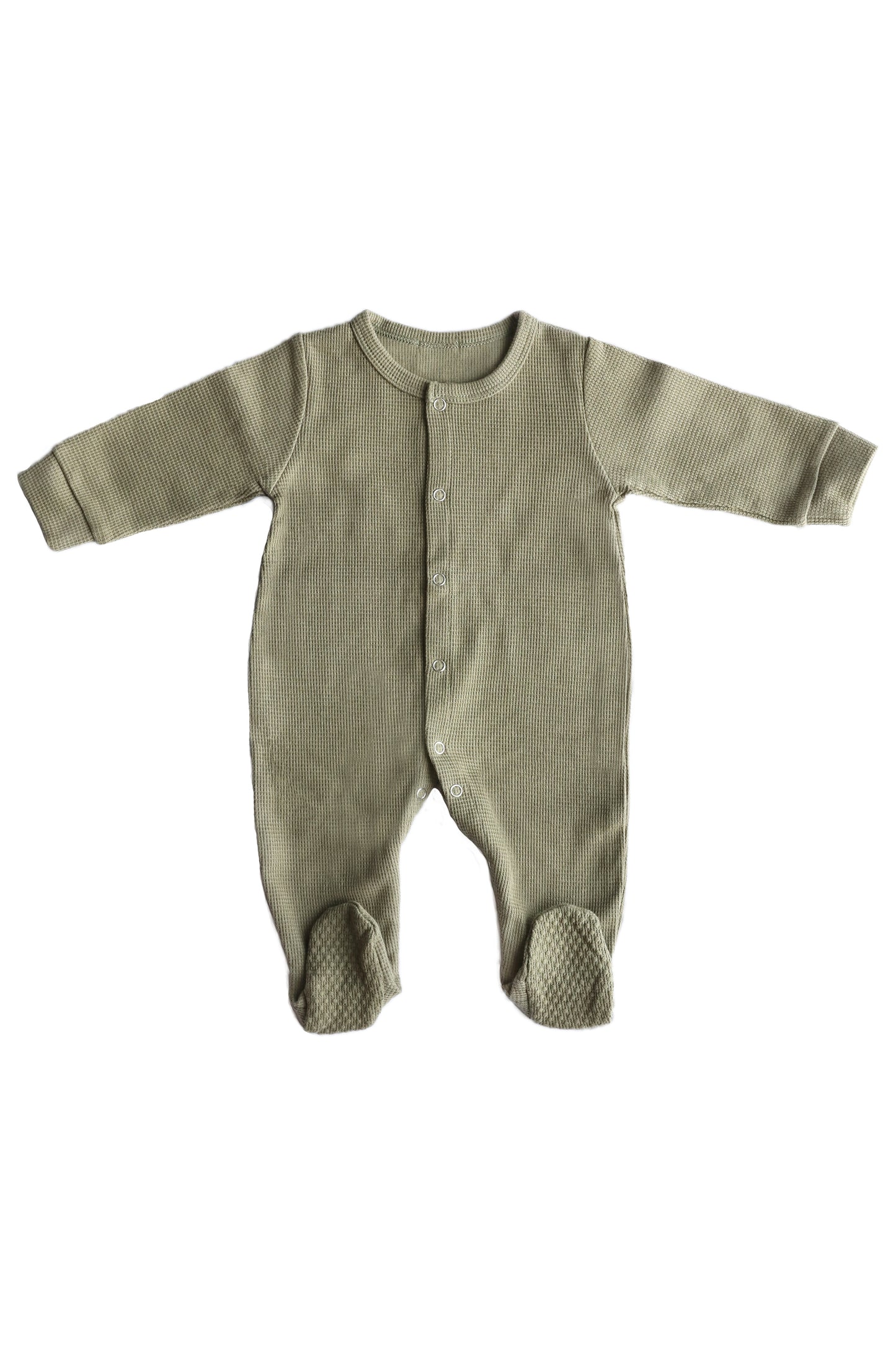 Gift shopping for infant essentials or creating a baby registry, you have found the best neutral tone unisex 100% cotton waffle sleepsuit onesie.