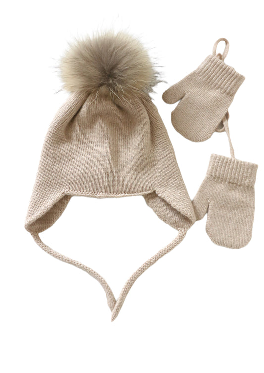 Pompom Hat and Mittens wool set Maple
