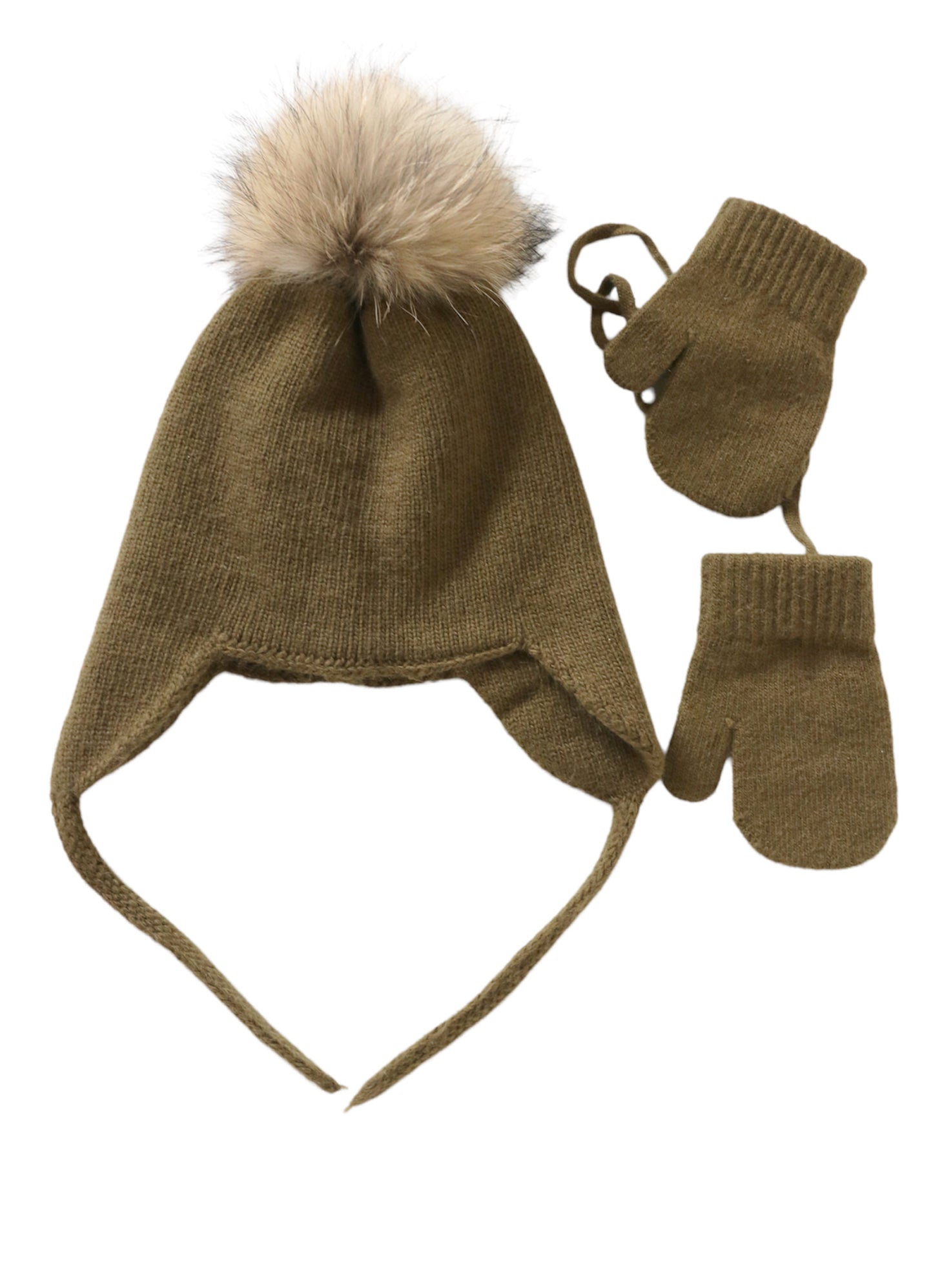 Pompom Hat and Mittens wool set Pine