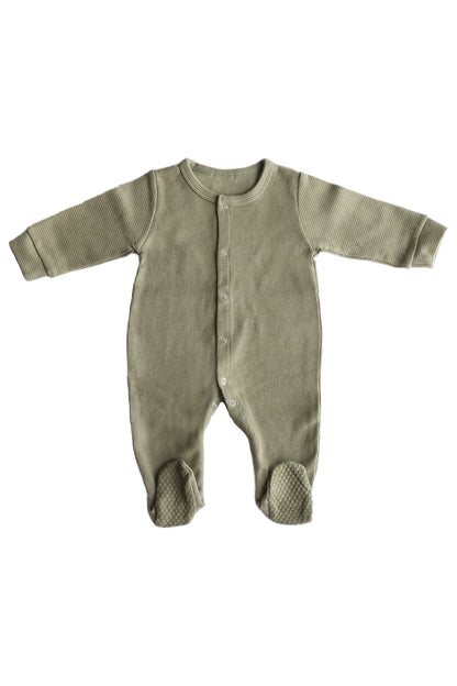 Gift shopping for infant essentials or creating a baby registry, you have found the best neutral tone unisex 100% cotton waffle sleepsuit onesie. 